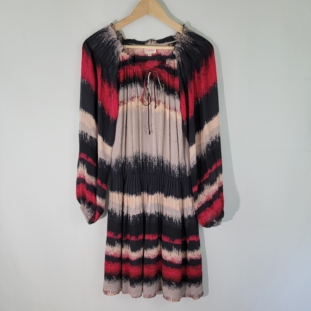 Parker Multi Tie-Dye 100% Silk Knee Length Dress Sz S Drawstring Long Sleeve